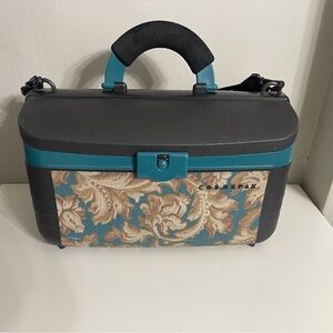 Vintage Caboodles Teal and Black Floral Patterned Hair Accessory Case
